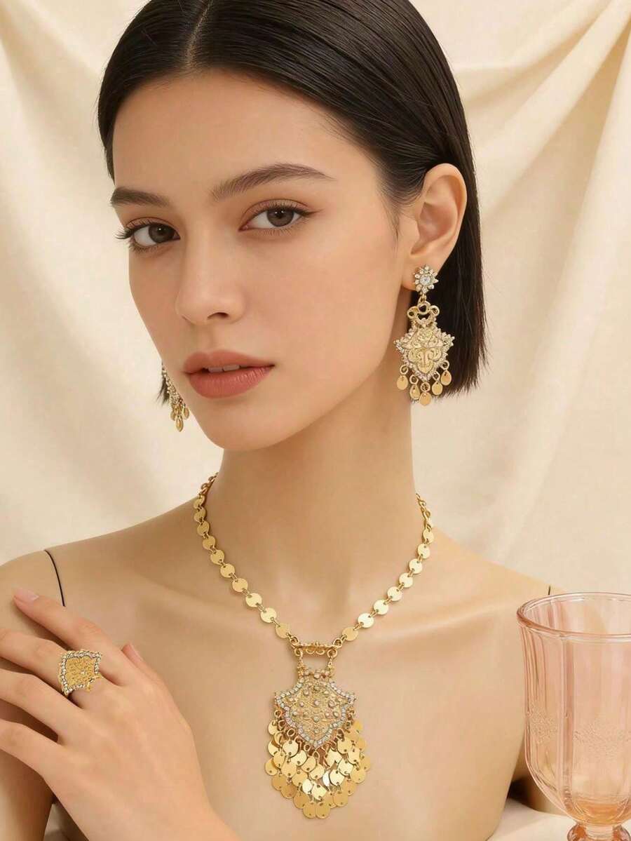 1套奢華銅合金圓盤流蘇祖母綠藍色白色粉色水鑽鑲嵌項鍊耳環戒指珠寶套裝,適合女性日常配戴與節日禮物 - 白色 - 查看 1