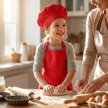 Adjustable Shoulder Strap Kids Chef Costume Apron & Hat Set, Baby Painting Apron, Multi-Purpose Set: Little Chef Role Play All-In-One For Baking, DIY, Painting, Chef Pretend Play, Unlock Multiple Creative Play Styles, Gift For Boys & Girls - Apron - Red - View 7