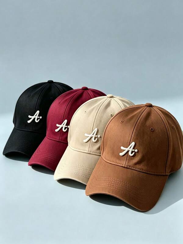 1 pieza Gorra de béisbol con letra A bordada, visera curva, ajustable, unicolor, casual, suave, para hombres y mujeres, uso diario, calle y exterior