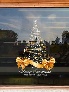 1pc Gold Christmas Tree Sticker DIY Merry Christmas Sticker Window Glass Door Static Cling, Window Decal, Glass Decoration, Holiday Pattern, Modern Style, Easy To Apply Without Glue, Seasonal Sticker, Holiday Gift, Holiday Shopper - Multicolor - View 4