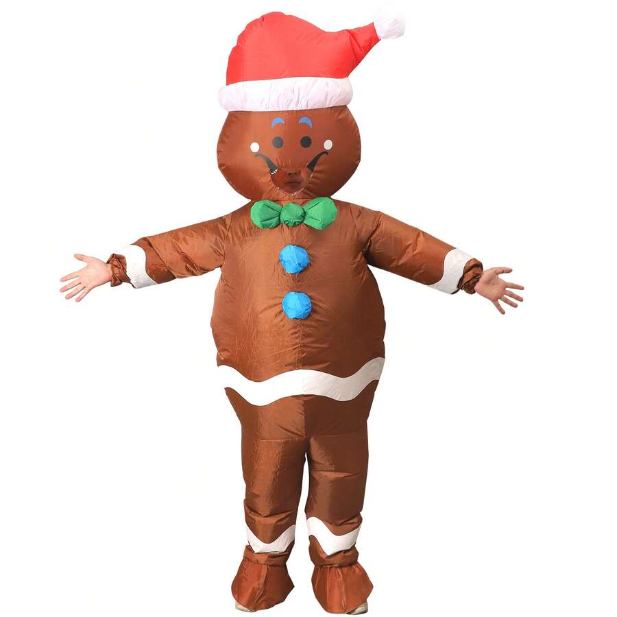 زي تنكري قابل للنفخ على شكل رجل الزنجبيل لعيد الهالوين والكريسماس، زي قابل للنفخ للجنسين، زي شخصي للعطلات قابل للنفخ، مع منفاخ، البطارية غير مشمولة - رجل الزنجبيل - مشاهدة 1