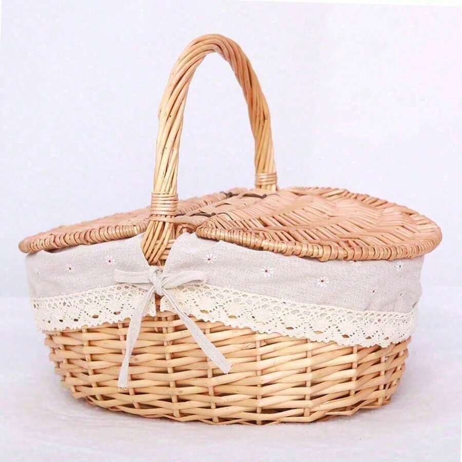 Handmade Wicker Picnic Basket With Double Lid & Handle - Large Willow Food & Fruit Storage Hamper For Camping, Shopping, Home Decor - Unique Gift For Couple, Wedding, Bridal Shower - Multicolor - View 1