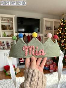 Customized Embroidered Name Linen Crown Hat, Handmade Felt Pom Pom Decor Party Crown, Personalized Keepsake Headpiece, Birthday Celebration Photo Prop, Soft Fabric Decorative Crown Accessory, 1st Birthday Party Keepsake, Aesthetic - Multicolor - View 3