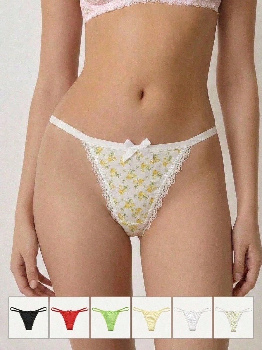 Aesletic 6pcs Comfortable Solid Color/Floral Print Women's Low-Rise Thong Panties - Multicolor - View 1