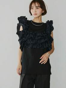 Women Round Neck Sleeveless Ruffle Top Layered 3D Frill Patchwork Cotton Tee Shirt Elegant Chic Summer Party Blouse Solid Color - Grey - View 2