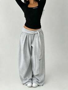 Women's Sports Wide Leg Pants With Waist Tie Design, Adjustable Drawstring Hem, Elastic Waist, Casual Long Pants For Spring And Summer Fall - Light Grey - View 3