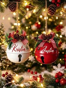 Customized Text Christmas Metal Bell Ornament, Personalized Name Christmas Tree Pendant With Pine Cone Plaid Bow Holiday Decor Gift - Multicolor - View 4