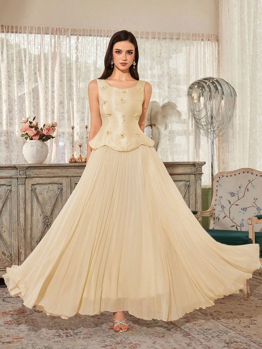 Elegant Women's Long Evening Gown, Square Neck Design, Decorated With Beading And Pleat Details, Flared Hem, Suitable For Formal Occasions - Light Yellow - View 1
