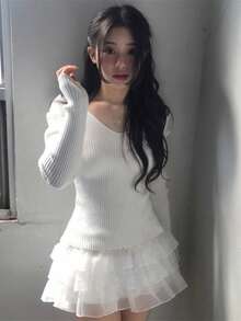 Women's Solid Color Casual Versatile Daily Wear Knit Top - White - View 2