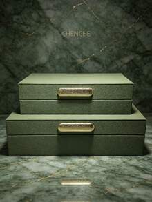 Set Of 2 S & L Size Cream Pebbled PU Leather Jewelry Boxes With Lid, Gold Zinc Alloy Bar Handle, Velvet Lined Rect Accessory Storage Organizer, Modern Luxury Vanity Bedroom Decor Holiday Gift - OFF-white - View 17