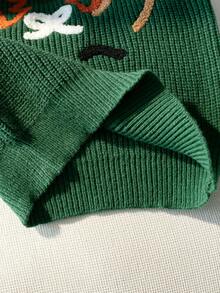 女童可愛聖誕馴鹿刺繡針織長袖套頭上衣，適合聖誕派對，春秋冬季穿著 - 綠色 - 查看 7