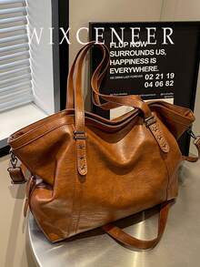 Women's Vintage Tote Bag, Star Studded Decor Large Capacity Shoulder Bag, Detachable Strap Crossbody Handbag - Brown - View 2