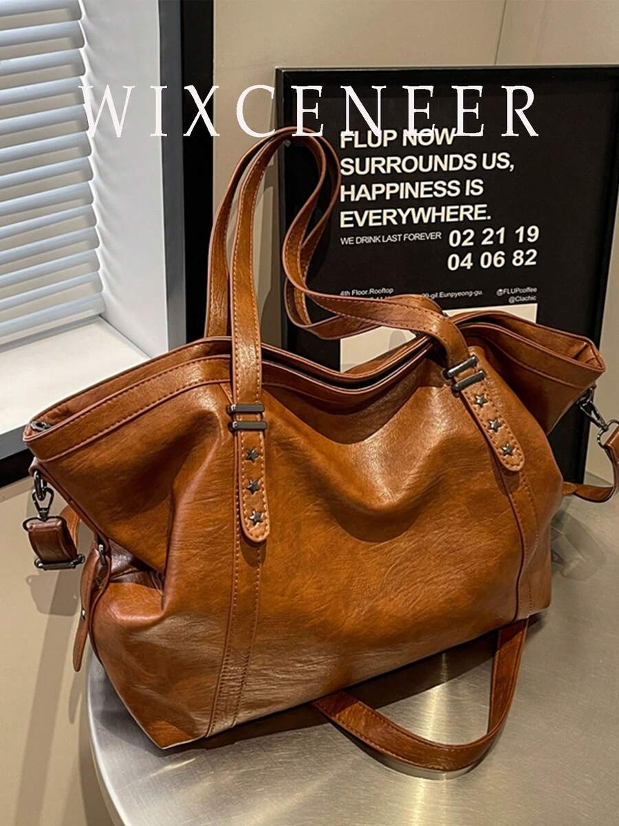 Women's Vintage Tote Bag, Star Studded Decor Large Capacity Shoulder Bag, Detachable Strap Crossbody Handbag