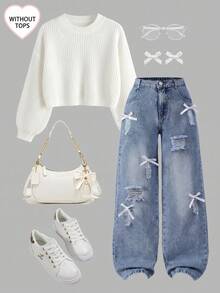 Girls' Distressed Wide Leg Jeans With Bow Decor, Elastic Waist Loose Fit Denim Pants, Casual Streetwear Back To School Outfit, Autumn/Winter - Medium Wash - View 2