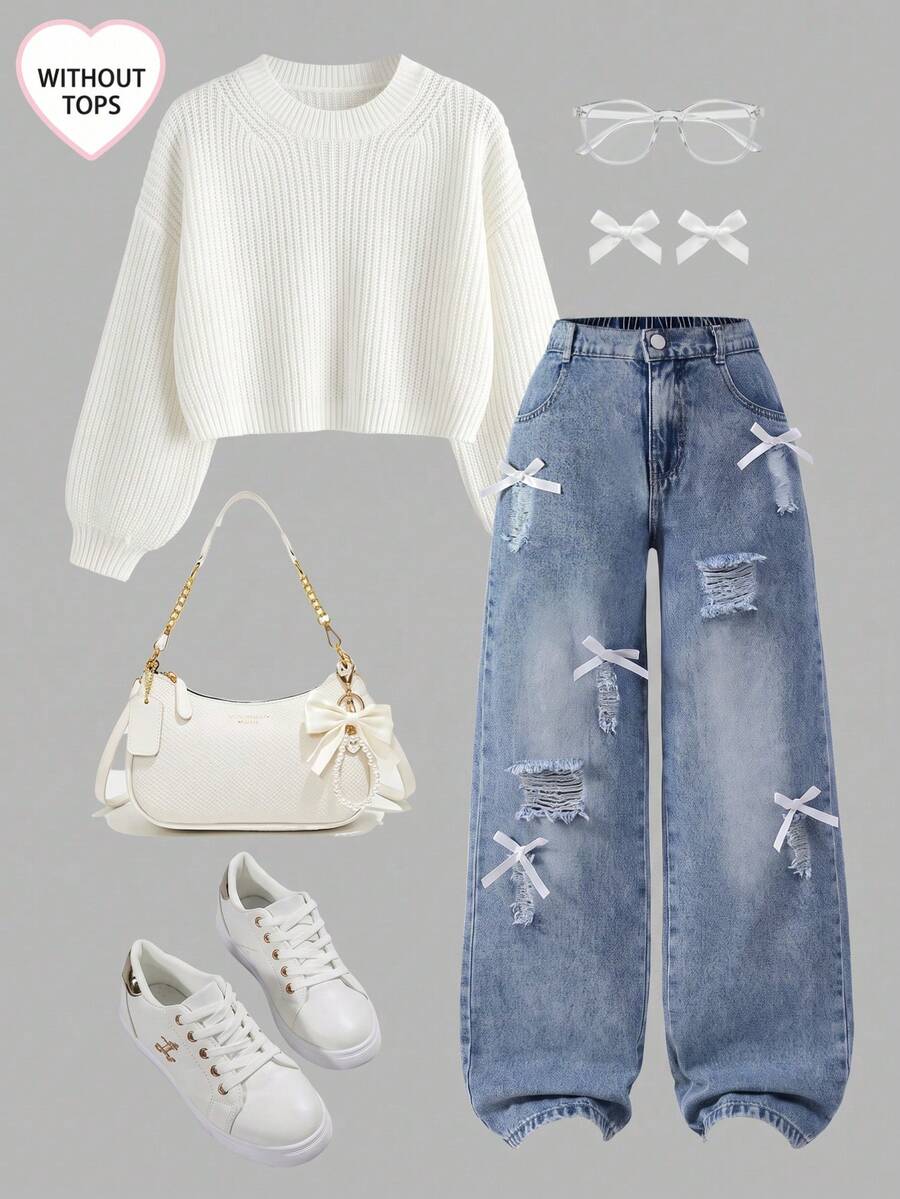 Girls' Distressed Wide Leg Jeans With Bow Decor, Elastic Waist Loose Fit Denim Pants, Casual Streetwear Back To School Outfit, Autumn/Winter