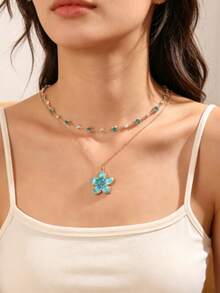 Cool-Toned Double Layer Stacked Necklace For Women, Lake Blue Flower Pendant Design, Niche Exquisite Summer Collarbone Chain - Multicolor - View 1