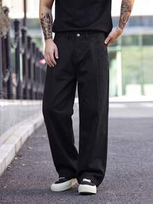 1pc Men's Denim Wide Leg Pants, Solid Color Versatile, Fashionable , Suitable For Daily Casual Wear, All Seasons - Black - View 2