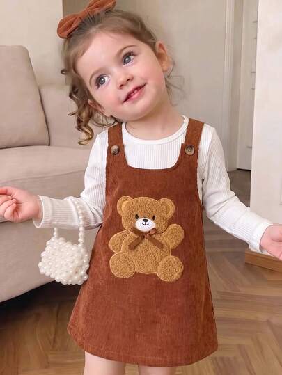 Baby Girls Autumn Clothes 2pcs Set, New Spring/Autumn Fashion Versatile Solid Color Ribbed Crew Neck Top + Cute Cartoon Bear Embroidered Corduroy Overall Dress, Vintage Outfit Suitable For Outdoor Wear