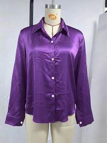 Plus Size Women's Fashion New Arrival Casual Satin Button-Up Shirt Spring - Purple - View 4