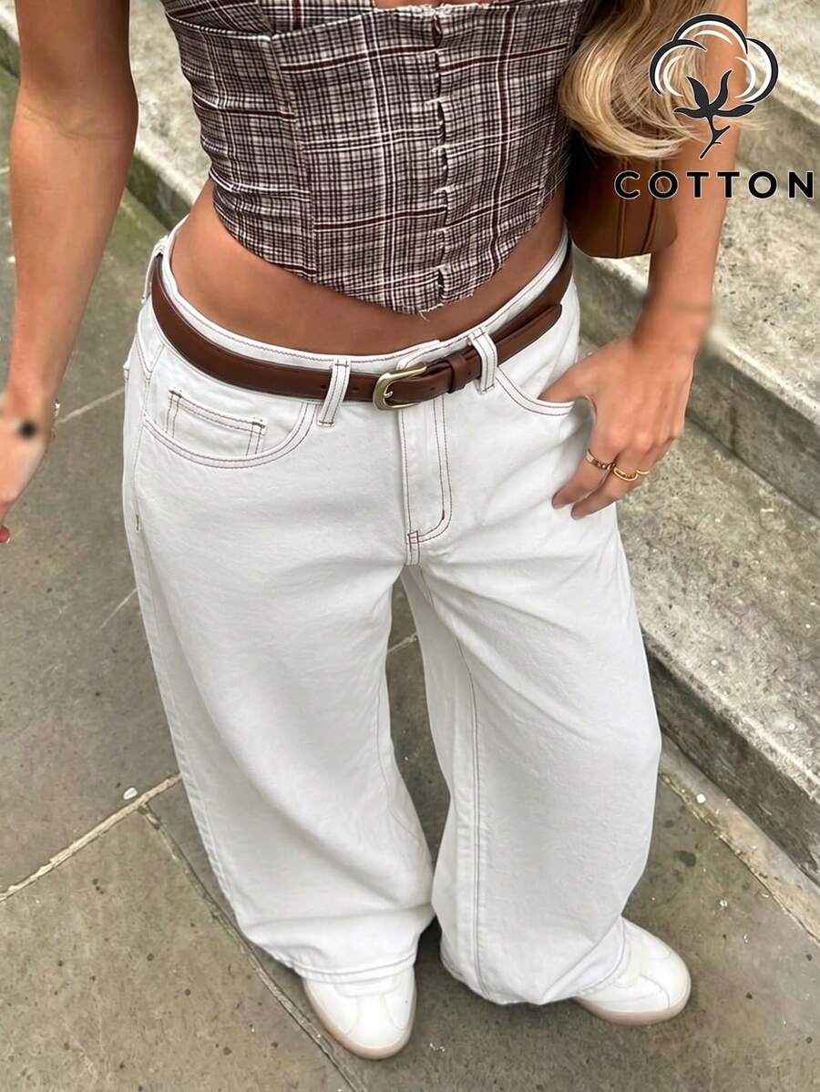 Elegant Fashionable Casual Vacation Women's Jeans, Loose Fit, With Pockets - White - View 1