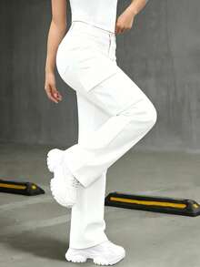 Teen Girls' White Elegant Multi-Pocket Design Stretch Comfortable Cargo Jeans - White - View 4