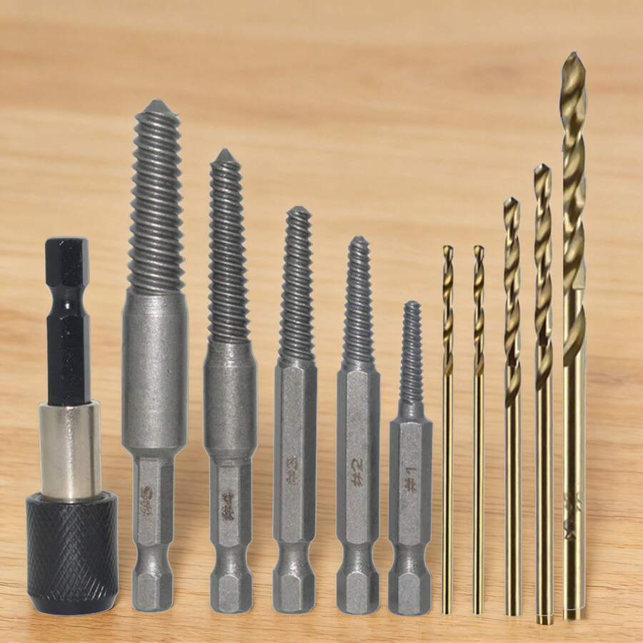 UNISURE 11pcs Hex Shank Reverse Thread Screw Extractor + Twist Drill Bit Set, High-Speed Steel Material, Minimalist Silver Black Cylindrical Design With Twist Drill Bits, Screw Removal And Metal Drilling Tool, Suitable For Home Repair And Father's Day Gift
