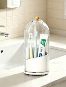 Rotating Toothbrush Holder With Sliding Cover - Freestanding Bathroom Storage Organizer, Can Hold Toothbrushes, Toothpaste, Makeup Brushes And Cosmetics - Transparent Plastic Design With Gold Accents, No Electricity Required Toothbrush And Toothpaste Holder - Multicolor - View 2