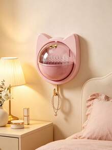 1pc Cat Ear Wall-Mounted Storage Box With Flip Lid And Hook, No-Drill Waterproof Plastic Organizer Shelf For Bathroom, Bedroom, Kitchen, Multi-Function Cosmetic, Jewelry, Cotton Swab Storage, Dust-Proof Space-Saving Organizer - Multicolor - View 2