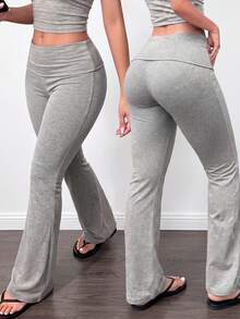 Women's Casual Solid Color Wide Waist Flare Pants, Layered Waist High-Waist Pleated Slim Fit Leggings Fall - Light Gray - View 3