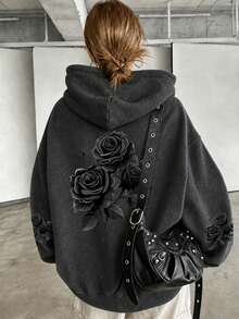 Women's Plus Size Washed Vintage Distressed Black Floral Rose Print Drawstring Sweatshirt, Long Sleeve Regular Fit, Comfortable Choice For Autumn/Winter, European And American Fashion Plus Size Sweatshirt, Essential For Autumn/Winter, Street Style - Black - View 2