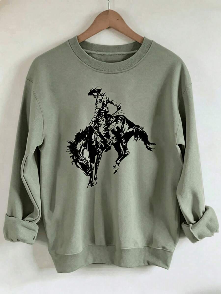 Women'S Oversized Cowboy Riding Horse Graphic Sweatshirt - Western-Themed Long Sleeve Pullover With Round Neck, Soft Warm Fabric For Fall Winter - 綠色 - 查看 1