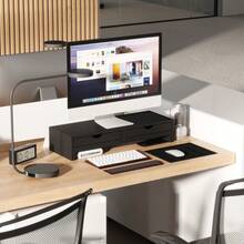 Dual Monitor Stand Riser With 2 Drawers, Adjustable Length And Angle, 116cm Monitor Riser Laptop, Computer, PC, Small Printer, Black - Black + Engineered Wood - View 8