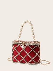Fashionable Elegant Party Evening Diamond Metal Handbag - Red - View 5