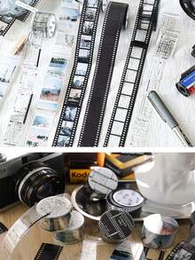 1 Roll Self-Adhesive PET Film And Paper Tape, Suitable For Scrapbooking, Collage, Crafts - Vintage Film Reel Design, 35cm Continuous Ring Roll, Suitable For Junk Journals, Diaries, Vintage Cassette Tape Decorative Stickers - Upgraded Version - View 8