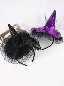 Mini Purple Witch Hat Headband, Halloween Lace Pointed Wizard Headband With Glitter Spider Ghost Pumpkin Decor, Girls Cosplay Party Hair Accessories - Multicolor - View 3