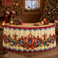 1pc Polyester Christmas Circus Tent Carousel Drum Big Bow Star Ribbon Daisy Wreath Vintage Carnival Wavy Edge Printed Tablecloth Table Skirt Decoration, Suitable For Holiday Party, Cafe, Buffet, Banquet, Retail Stall, Holiday Reception Counter Decoration - A - View 4