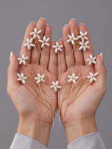 10pcs Elegant Faux Pearl Flower U-Shaped Hair Pin Set, Metal Hand-Woven Bridal Updo Hair Clips, Sweet Women's Headpiece For Party Wedding, Metal Wire Woven Faux Pearl Flower Hair Pins, Daily/Party Hair Accessories - Gold - View 8