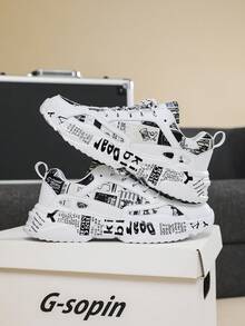 Men's Black & White Contrast Color Personalized Random Letter Print Graffiti Patchwork Front Lace-Up Low-Top Sneakers, Fashionable Versatile Outdoor Street Casual Comfortable Shoes - White and Black - View 5