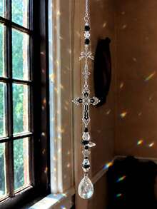 1pc Vintage Carved Metal Cross Crystal Hanging Ornament, Rainbow Sun Catcher Pendant, Suitable For Yard, Home, Bedroom Or Car Rearview Mirror Window Decoration, Faith Gift - Cross Pendant - View 6