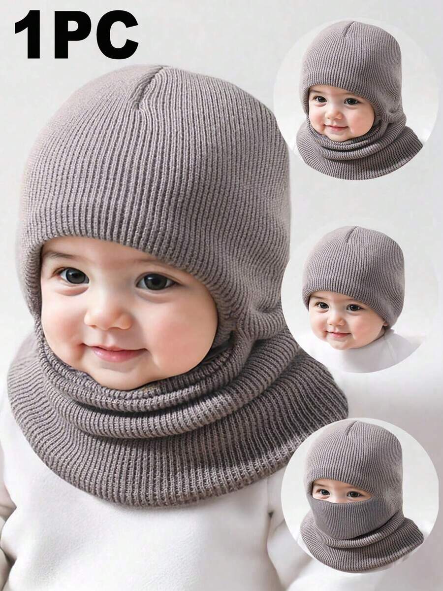 1pc Winter Baby Solid Color Knitted Balaclava Ski Mask Hat With Neck ...