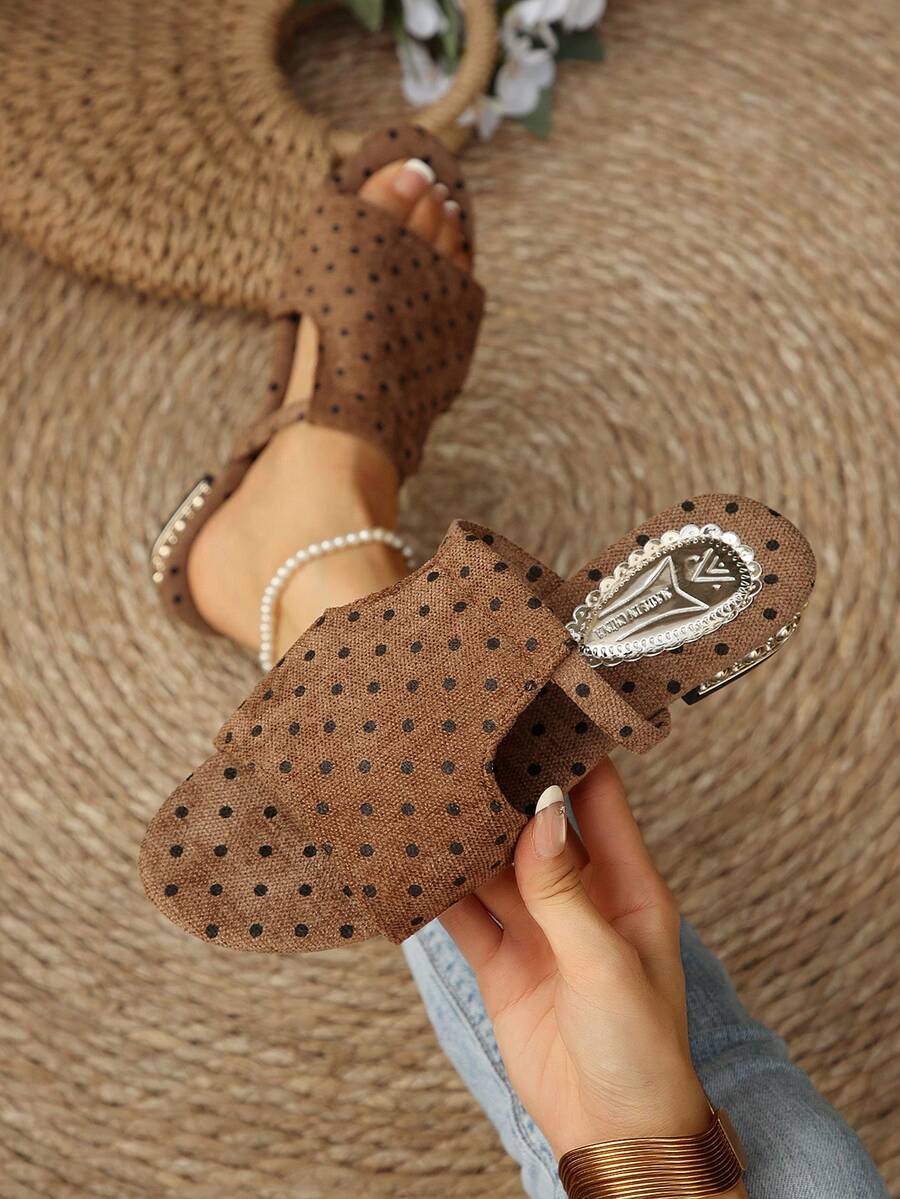 Brown Polka Dot Low Heel Slide Sandals, Vintage Open Toe Mules, Summer Women's Casual Slippers For Vacation Daily Wear - Brown - View 1