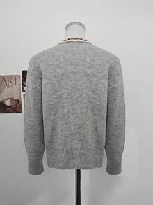 Korean Style Lace Trim Bow Single-Breasted Knit Cardigan Sweater For Women, Autumn/Winter Elegant Knitwear - Grey - View 9