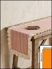 1pc Red & White Striped With Beige Ruffle Edge Table Runner, Natural Rustic Style, Long Rectangular Shape With Ruffle Edge Detail, Decorative Functional Dining Table Runner Suitable For Tea Ceremony Arrangement And Natural Home Decor Scenes - Red - View 12