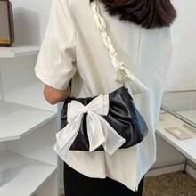 Women's Bow Decor Pleated Chain Shoulder Bag - Black - View 3