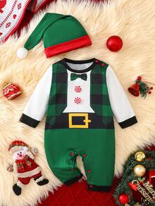 Christmas Newborn Baby Boy & Girl Cute Cartoon Green Plaid Print Long Sleeve Infant Romper + Hat 2 Pieces Set, Spring & Autumn - Green - View 2