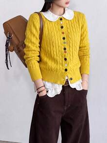 Women's Autumn/Winter Casual Minimalist Cable Knit Cardigan Sweater Jacket, Colorful Buttons Round Neck Autumn Style - Yellow - View 4