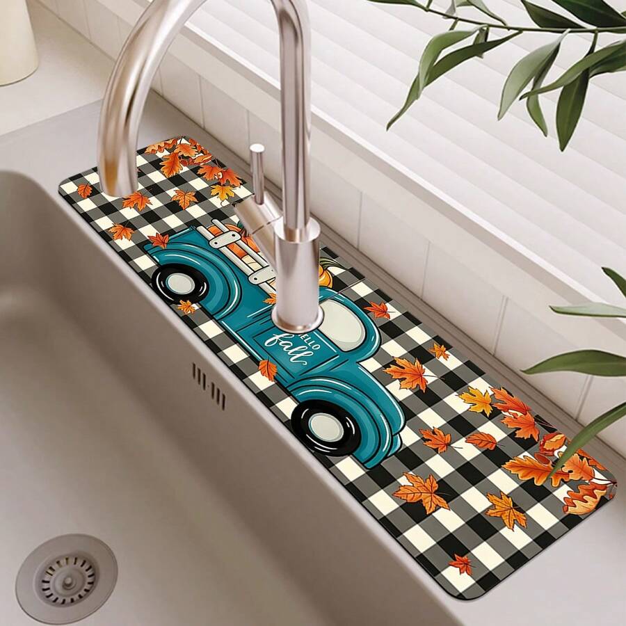 1pc Thanksgiving Pickup Truck Pattern Rubber Faucet Splash Guard, Bathroom Faucet Splash Guard, Mud Guard, Moisture-Proof Non-Slip Faucet Mat, Kitchen Countertop Accessory. Protect Your Kitchen Countertop. - Multicolor - View 1