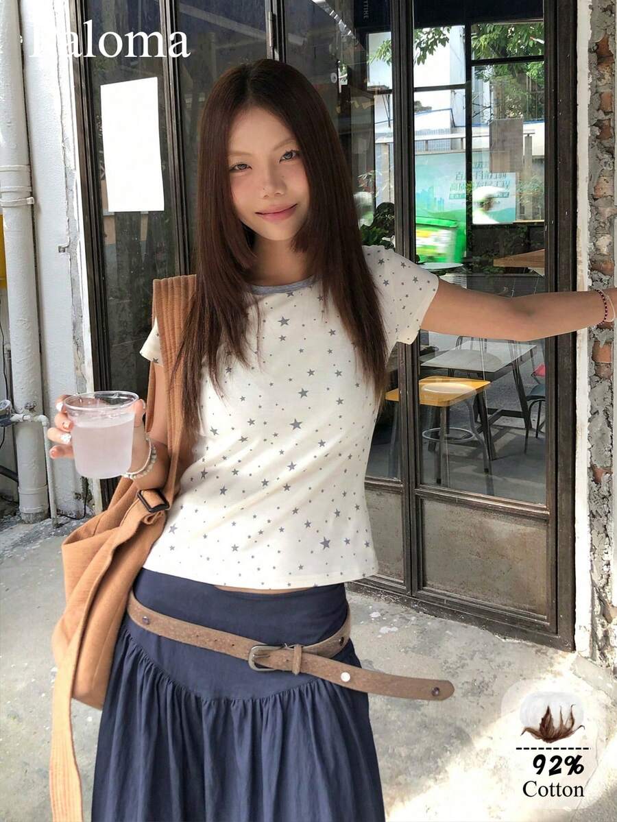 复古星形印花图案圆领修身休闲日常短袖T恤，女款，白色，夏季款 - 白色 - 查看 1