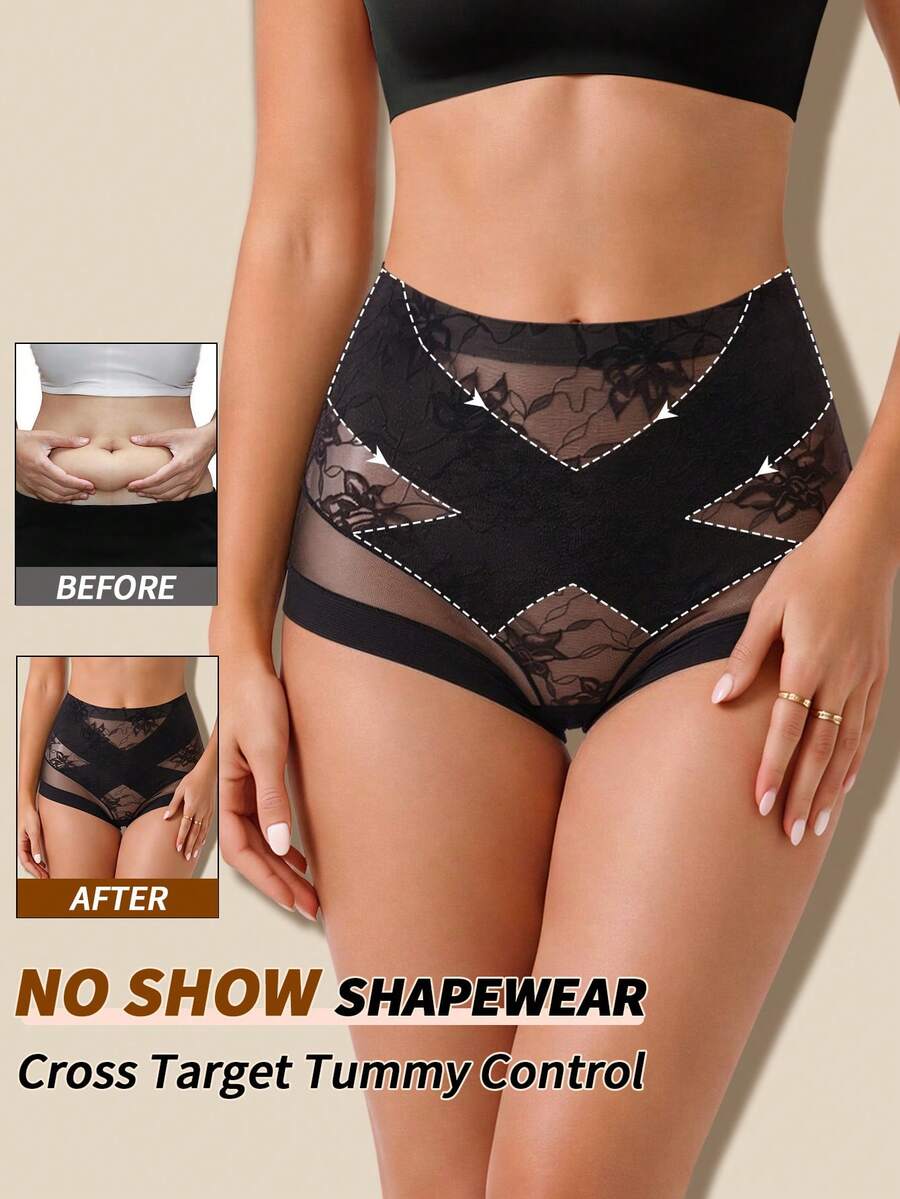 1pc Women's Tummy Control Panties Solid Color Basic Lace Mesh Patchwork Sexy Triangle Briefs - Black - View 1