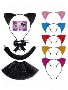 3pcs Halloween Animal Headband Set Cat Ear Headband Plush Tail Bell Collar Costume Accessory Kit - Multicolor - View 4